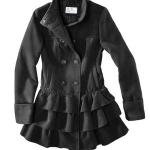 Cute black button down coat with ruffles!